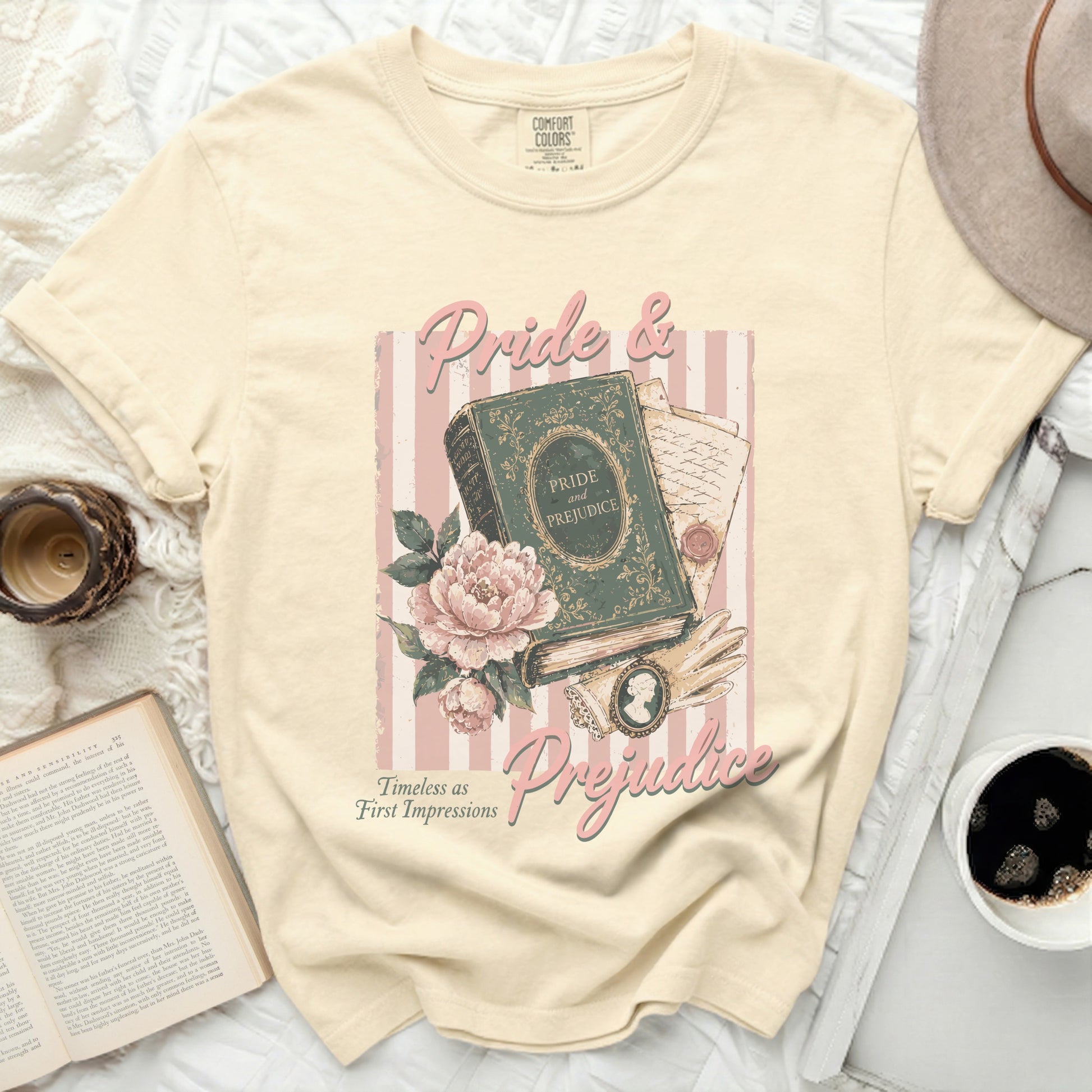 Comfort Colors cream t-shirt with "Pride & Prejudice" book graphic.