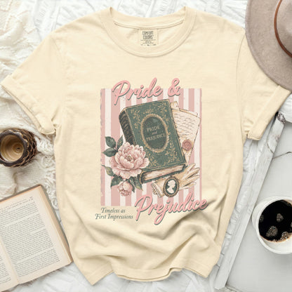 Comfort Colors cream t-shirt with "Pride & Prejudice" book graphic.