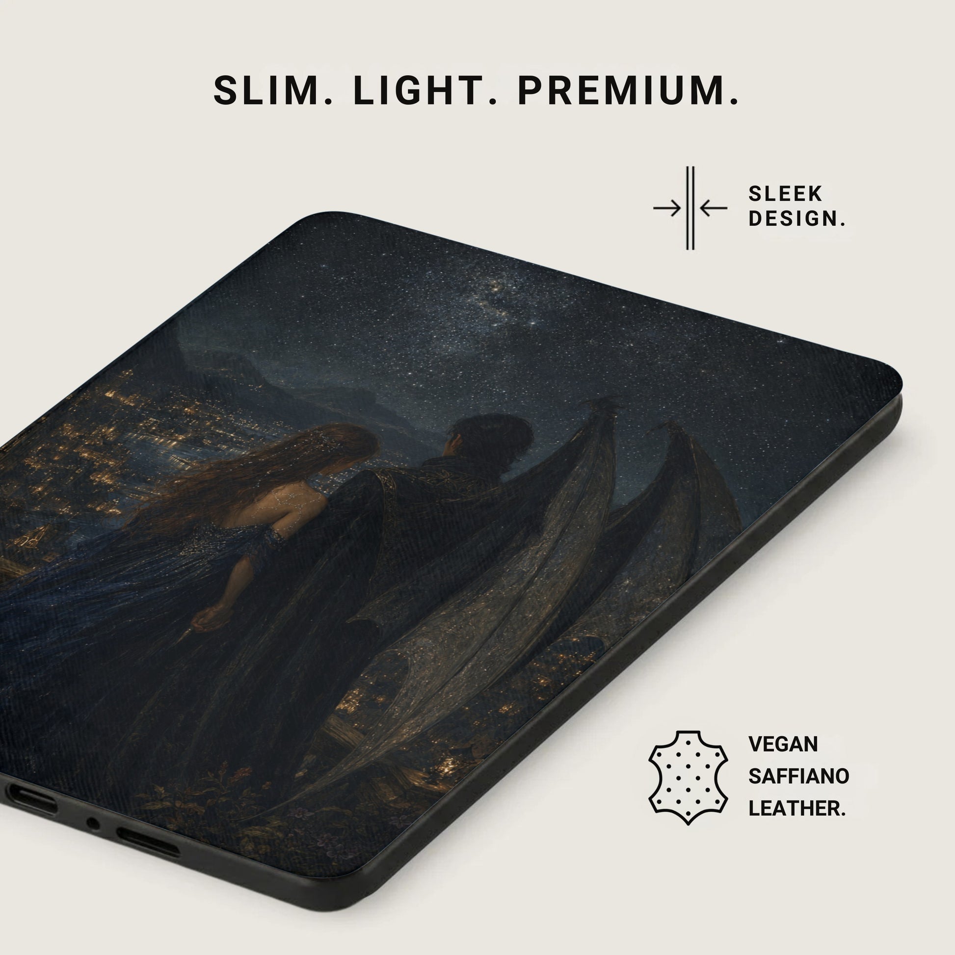 Phone case with a dark starry night and city lights artwork, vegan saffiano leather.