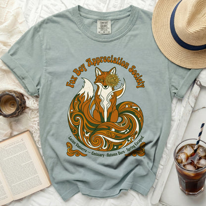 T-shirt with a brown fox and "Fox Boy Appreciation Society" text.