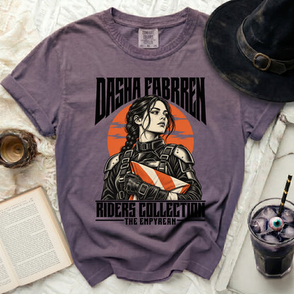 Purple t-shirt with "DASHA FABRREN RIDERS COLLECTION THE EMPYREAN" text and graphic.