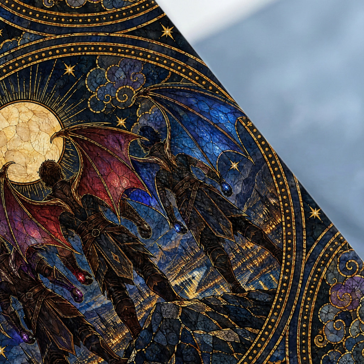 Stained glass panel depicting three winged figures overlooking a city beneath a full moon and starry sky.