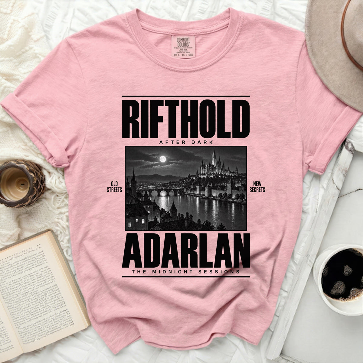 Pink t-shirt with text "RIFTHOLD AFTER DARK" and "ADARLAN THE MIDNIGHT SESSIONS".