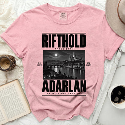 Pink t-shirt with text "RIFTHOLD AFTER DARK" and "ADARLAN THE MIDNIGHT SESSIONS".