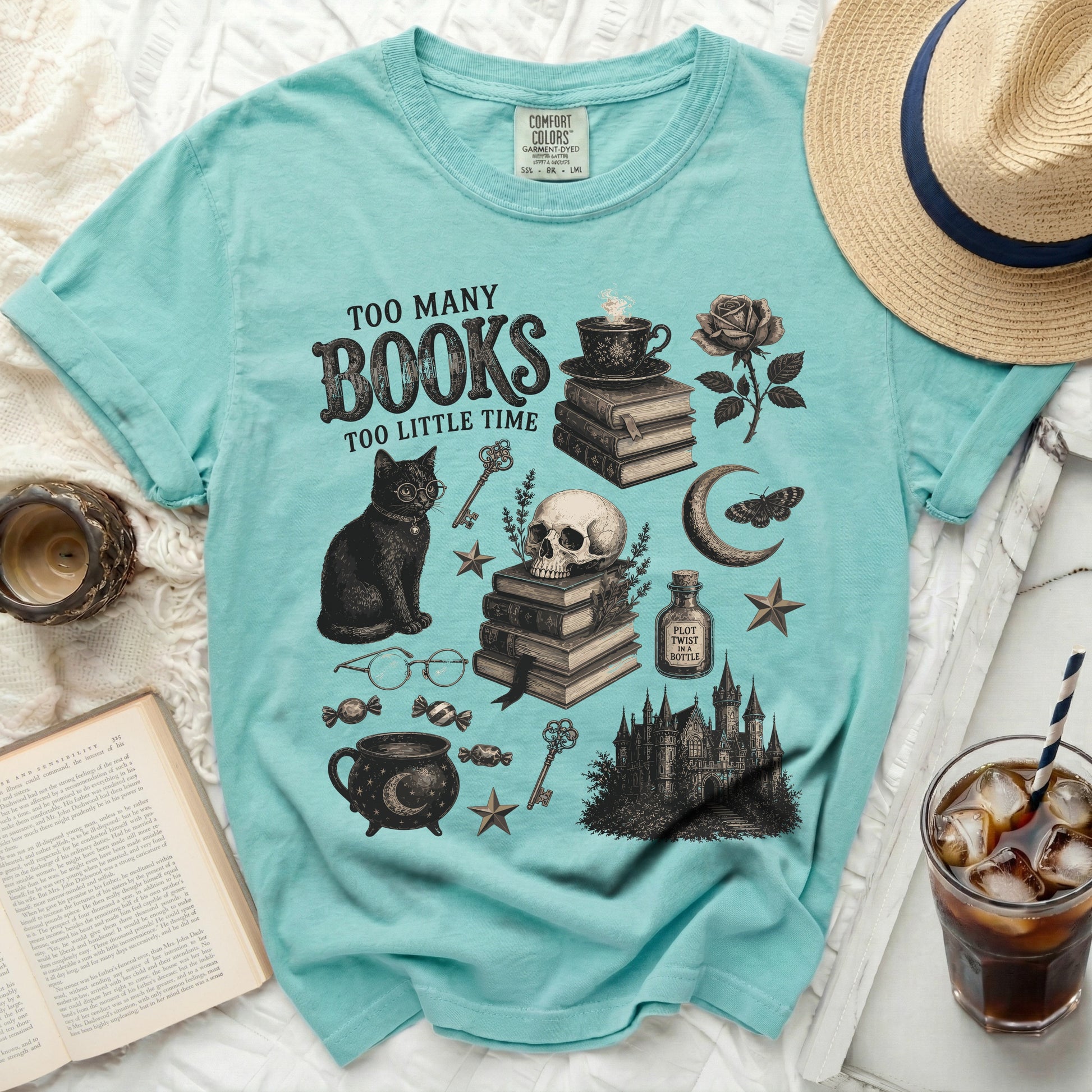 Teal t-shirt with "Too Many Books Too Little Time" and gothic illustrations.