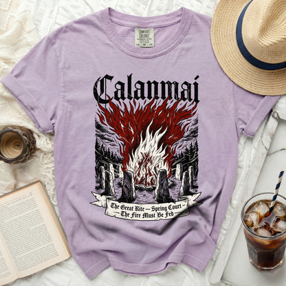 Lavender shirt with "Calanmai" and bonfire graphic.