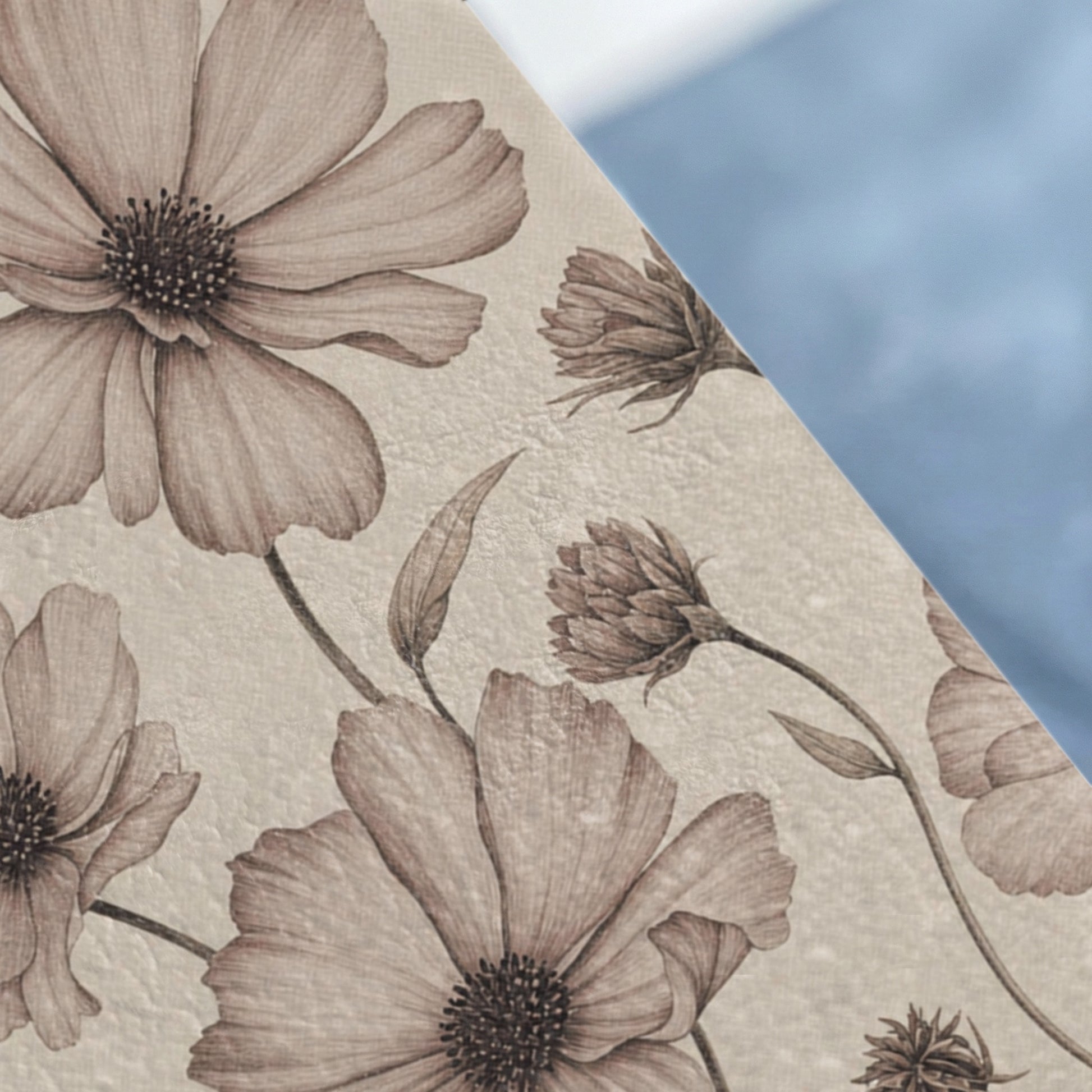 Sepia toned floral illustration on textured background with blue gradient on right.