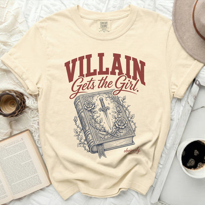 Cream t-shirt with "VILLAIN Gets the Girl" and an illustration.