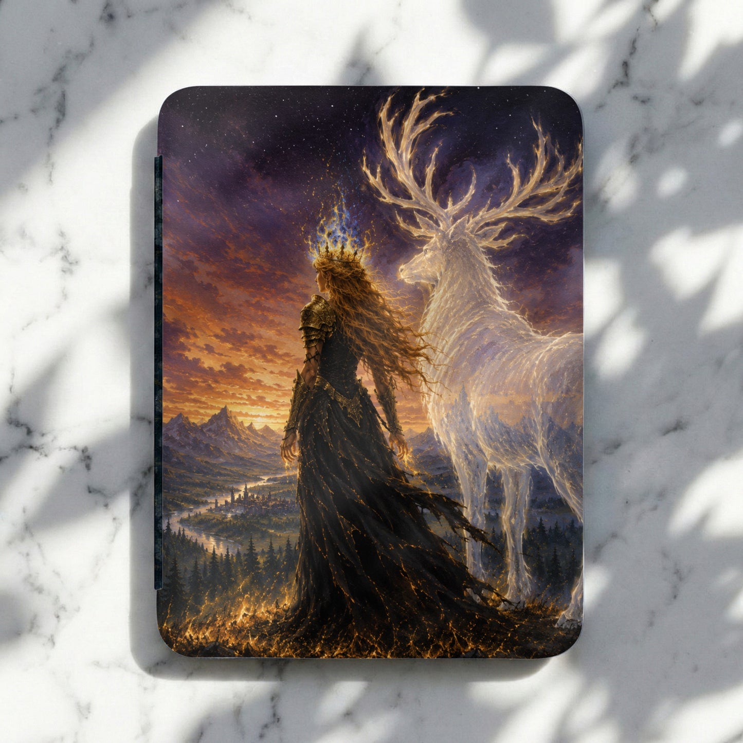 Woman with crown and ethereal stag stand before a mountain landscape at sunset.