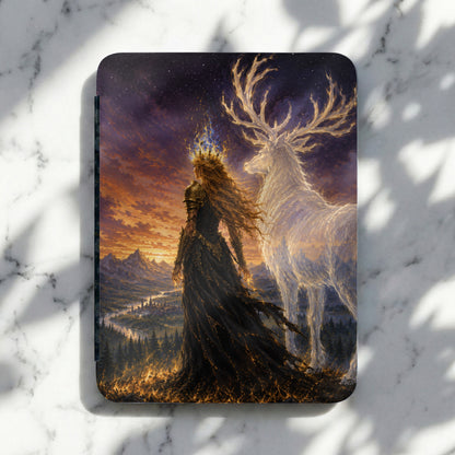 Woman with crown and ethereal stag stand before a mountain landscape at sunset.