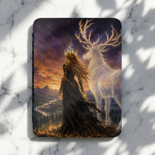 Woman with crown and ethereal stag stand before a mountain landscape at sunset.