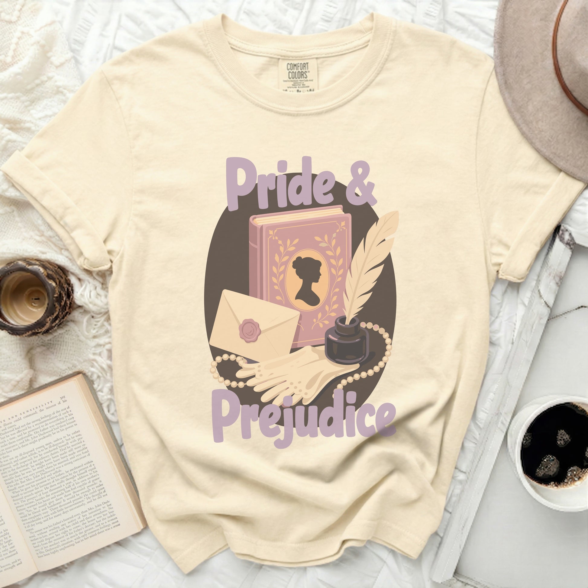 Cream t-shirt with "Pride & Prejudice" design and book illustrations.