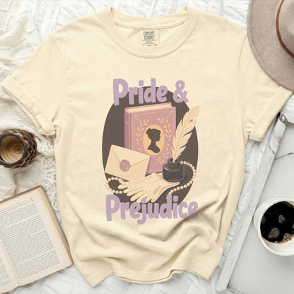 Cream t-shirt with "Pride & Prejudice" design and book illustrations.