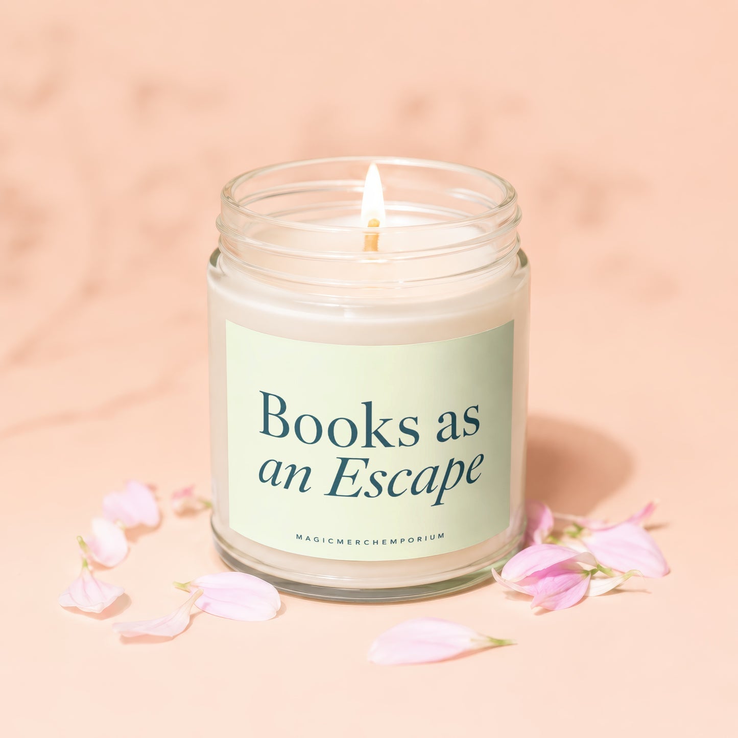 Candle with lit wick, centered, with text "Books as an Escape".