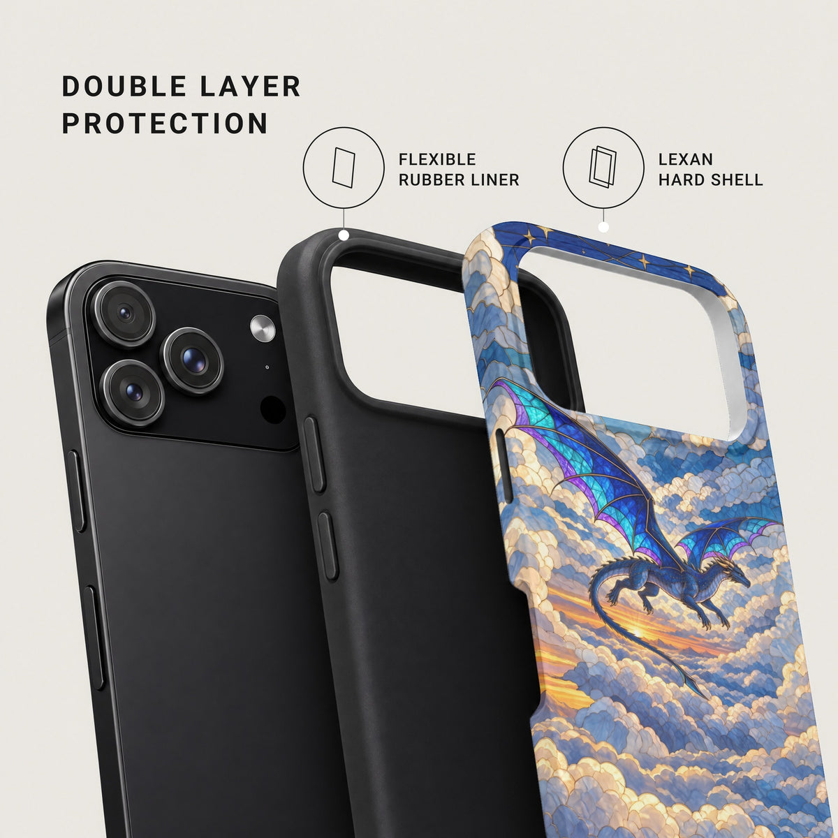 Diagram showing a double layer phone case with a flexible rubber liner and a Lexan hard shell featuring a blue dragon design.