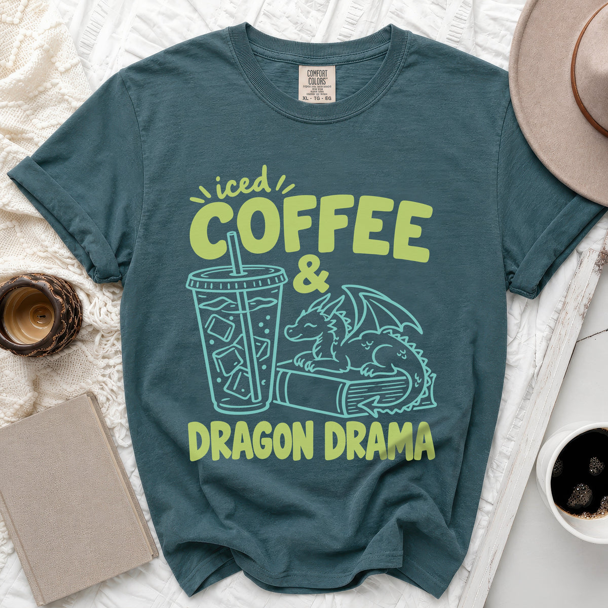 Teal t-shirt with "iced COFFEE & DRAGON DRAMA" graphic.