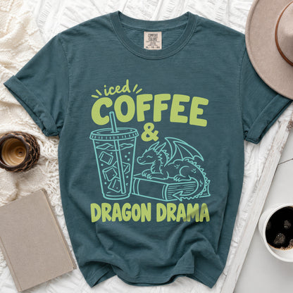 Teal t-shirt with "iced COFFEE & DRAGON DRAMA" graphic.