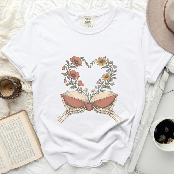 Floral Book Skeleton Tee in White