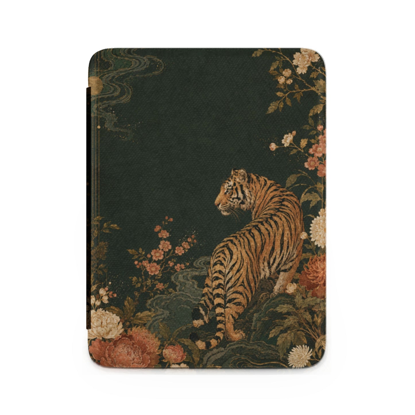 Tiger with floral and wave pattern on dark green background