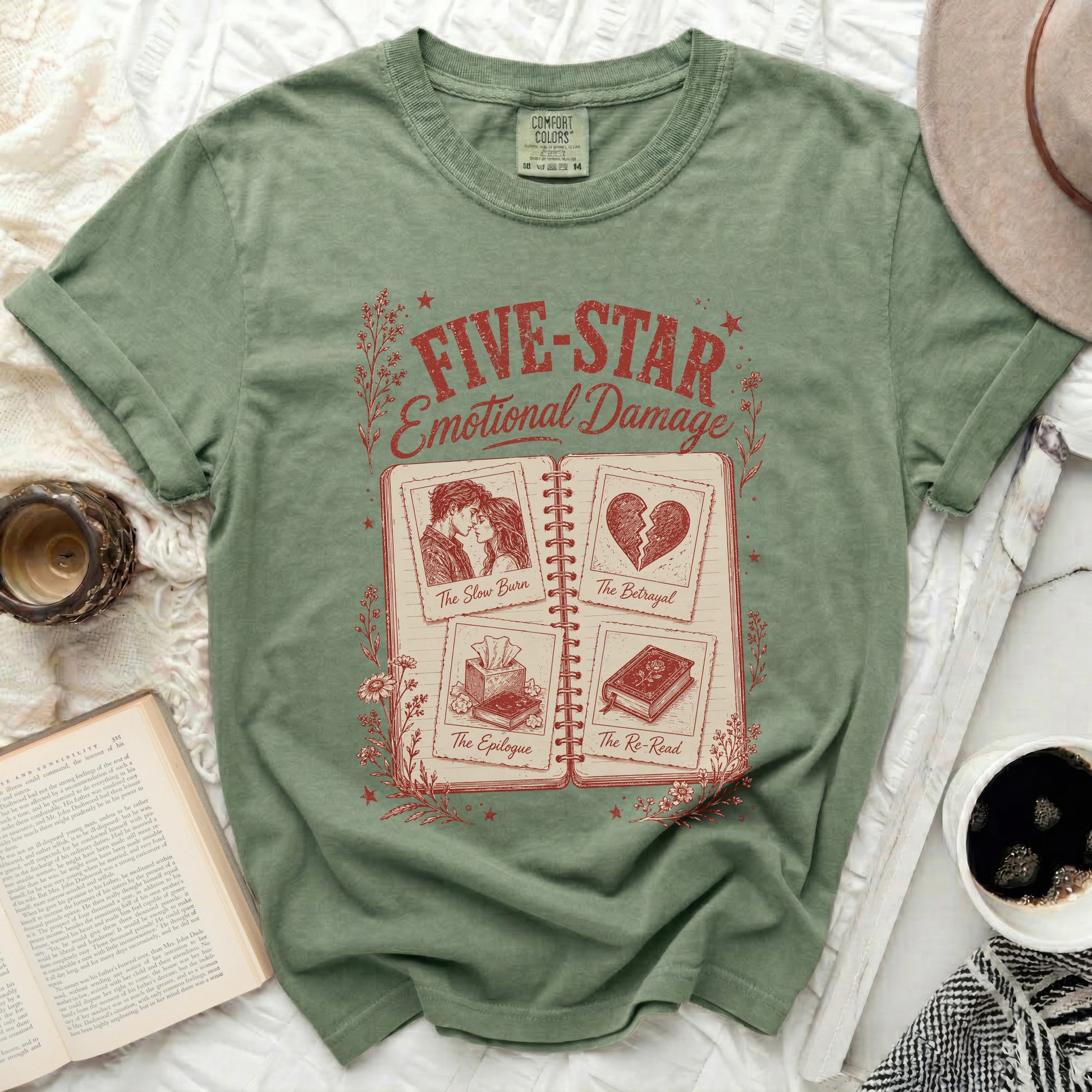 T-shirt with "Five-Star Emotional Damage" and four book chapter titles.