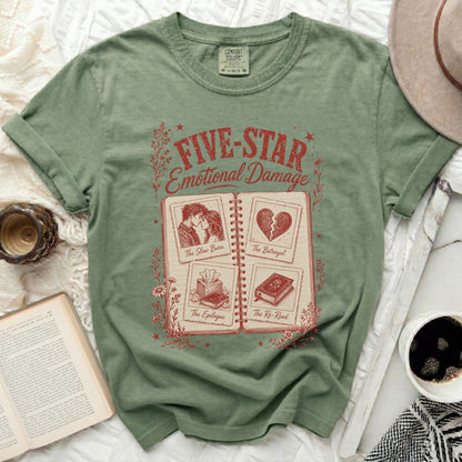T-shirt with "Five-Star Emotional Damage" and four book chapter titles.