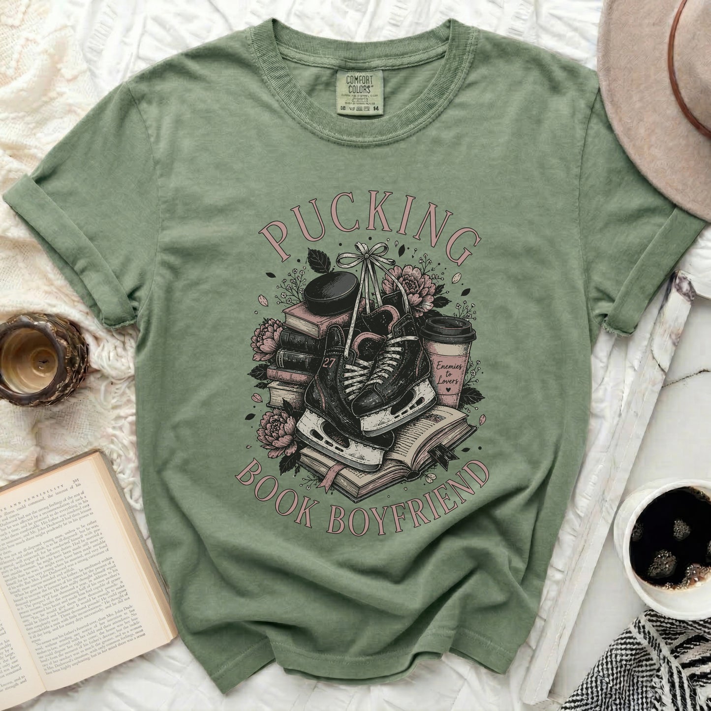 Green t-shirt with "Pucking Enemies to Lovers Book Boyfriend" graphic.