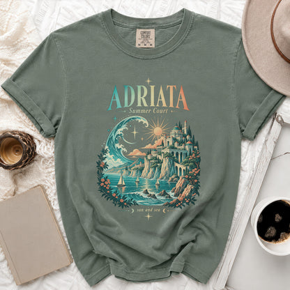 T-shirt with "ADRIATA Summer Court" and "sun and sea" text and coastal landscape design.