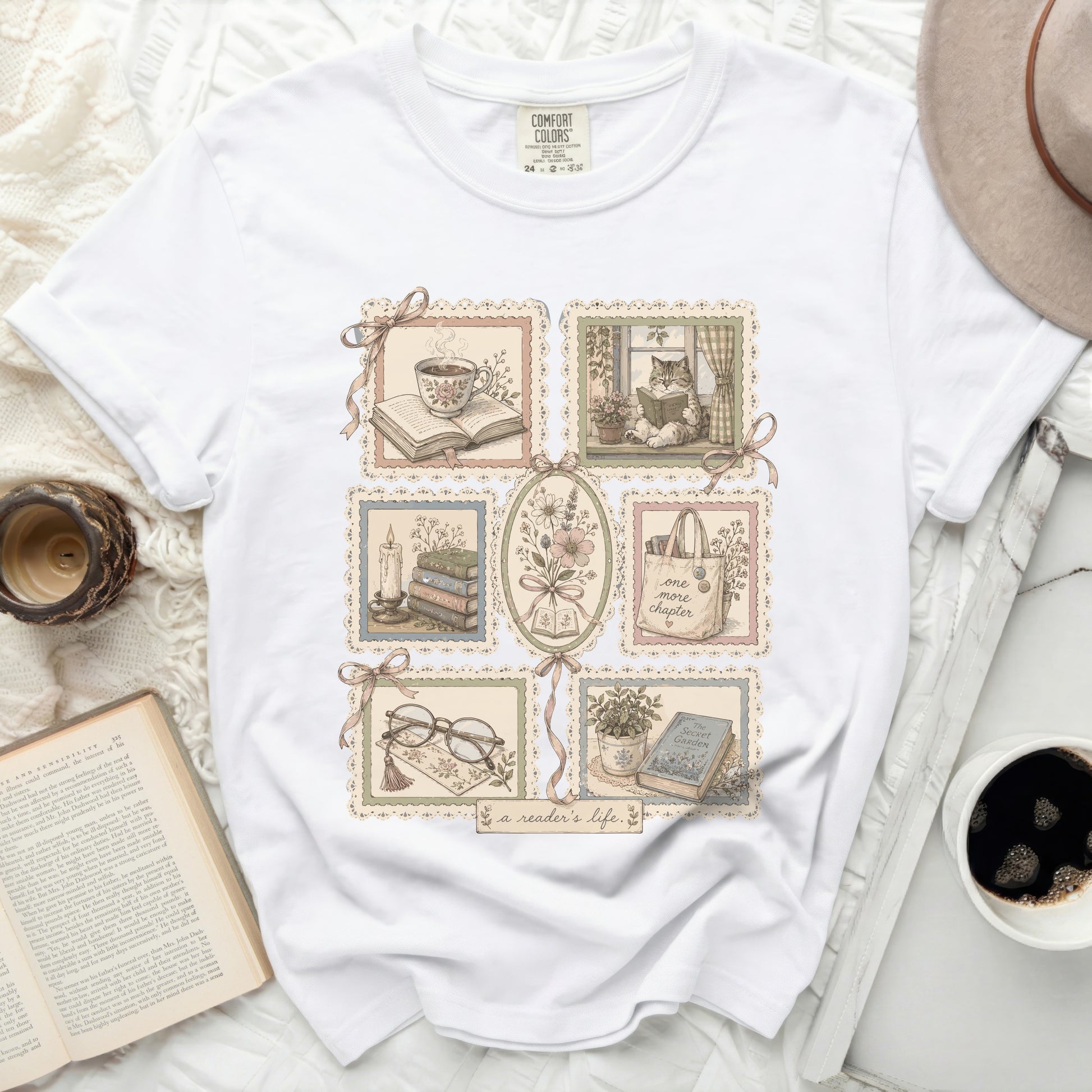 White t-shirt with postage stamp style illustrations of books and reading.