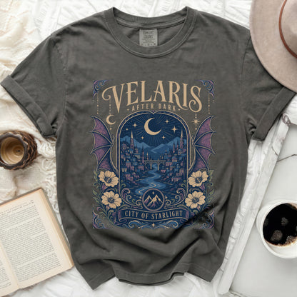 Velaris After Dark City of Starlight graphic t-shirt with bat wings and cityscape.