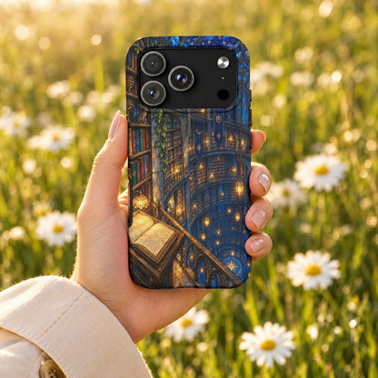 A hand holds a smartphone with a protective case featuring a dark fantasy library design against a blurred daisy meadow background.