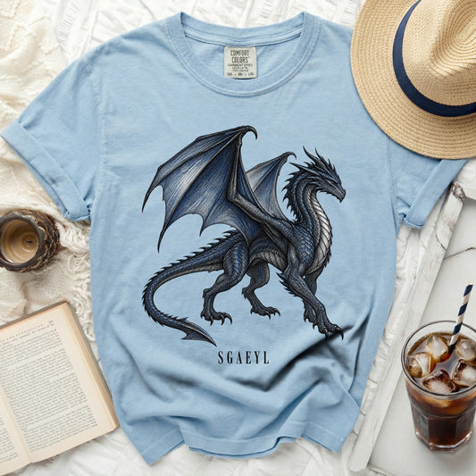 Light blue t-shirt with a black and blue dragon graphic and "SGAEYL" text.