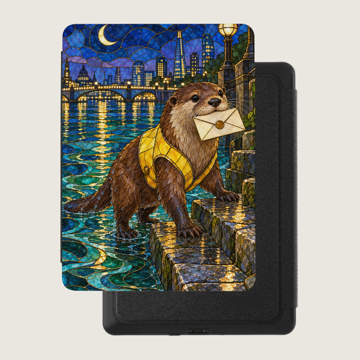 Otter in yellow vest carries envelope by river with London skyline at night.