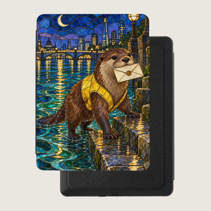 Otter in yellow vest carries envelope by river with London skyline at night.