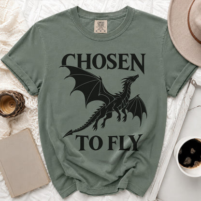Green t-shirt with black dragon graphic and text "CHOSEN TO FLY".