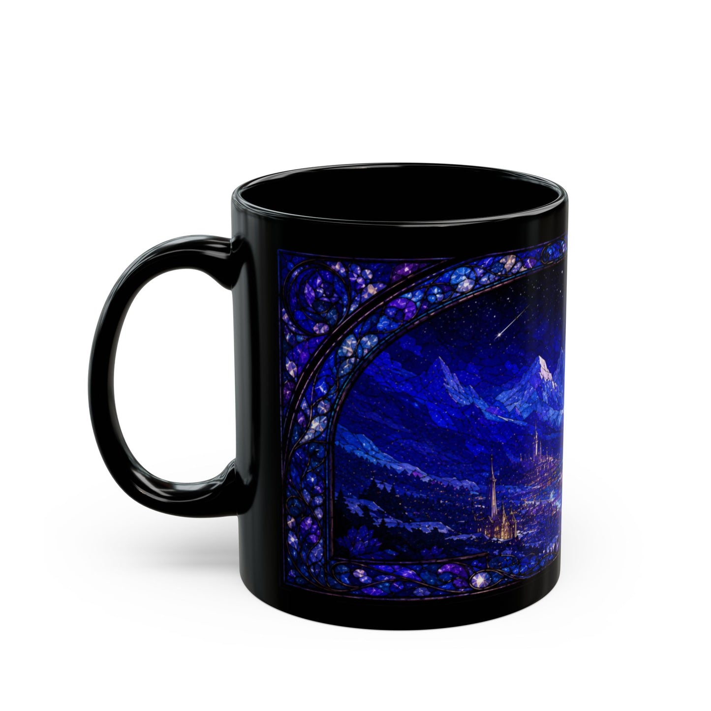 Black mug with a stained-glass style design of a starry night over a castle.