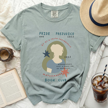 Pride and Prejudice 1813 Matchmaker Book Club t-shirt with silhouette.