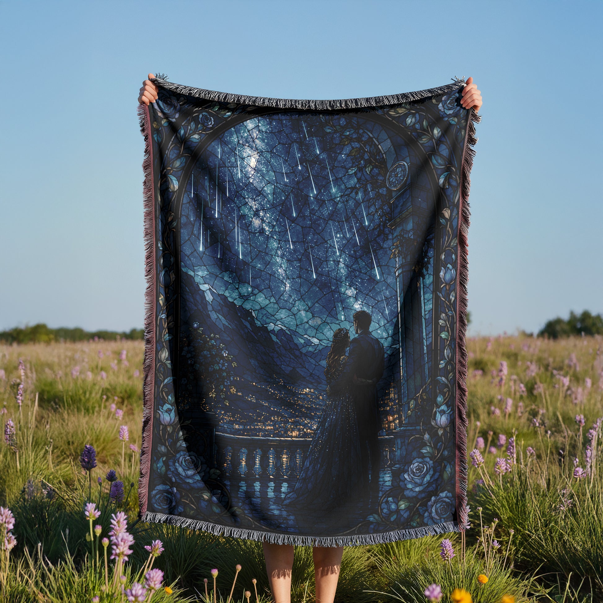 A person is holding up a large, colorful blanket with a picture of a couple standing in front of a scenic landscape, including mountains and a starry sky.