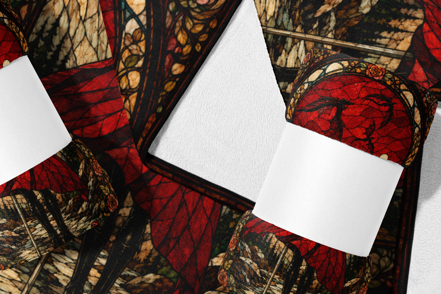 Red and gold stained glass pattern on fabric with white textured background panels.