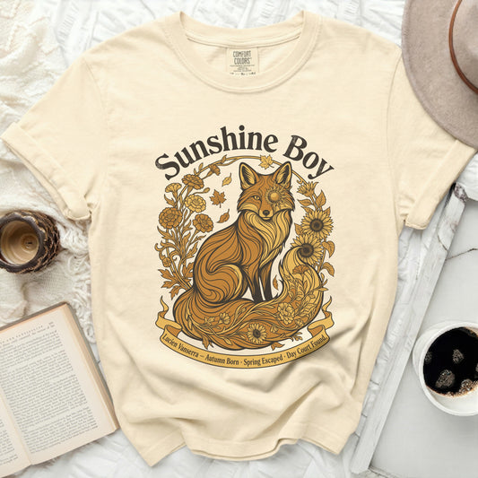 Comfort Colors cream t-shirt with fox and floral design, "Sunshine Boy" text.