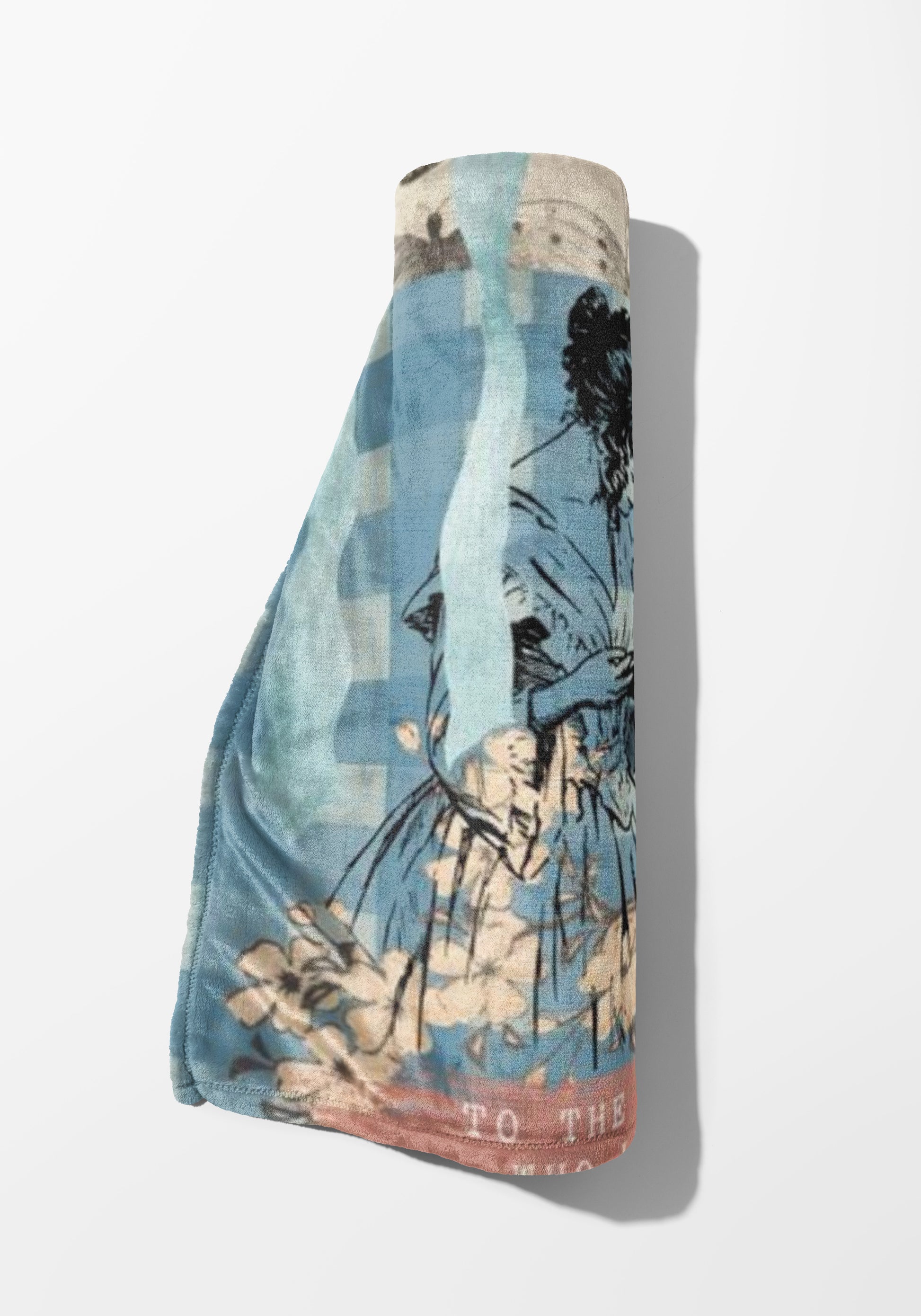 Rolled towel with a blue and beige checkered pattern featuring a sketch of a person and flowers.