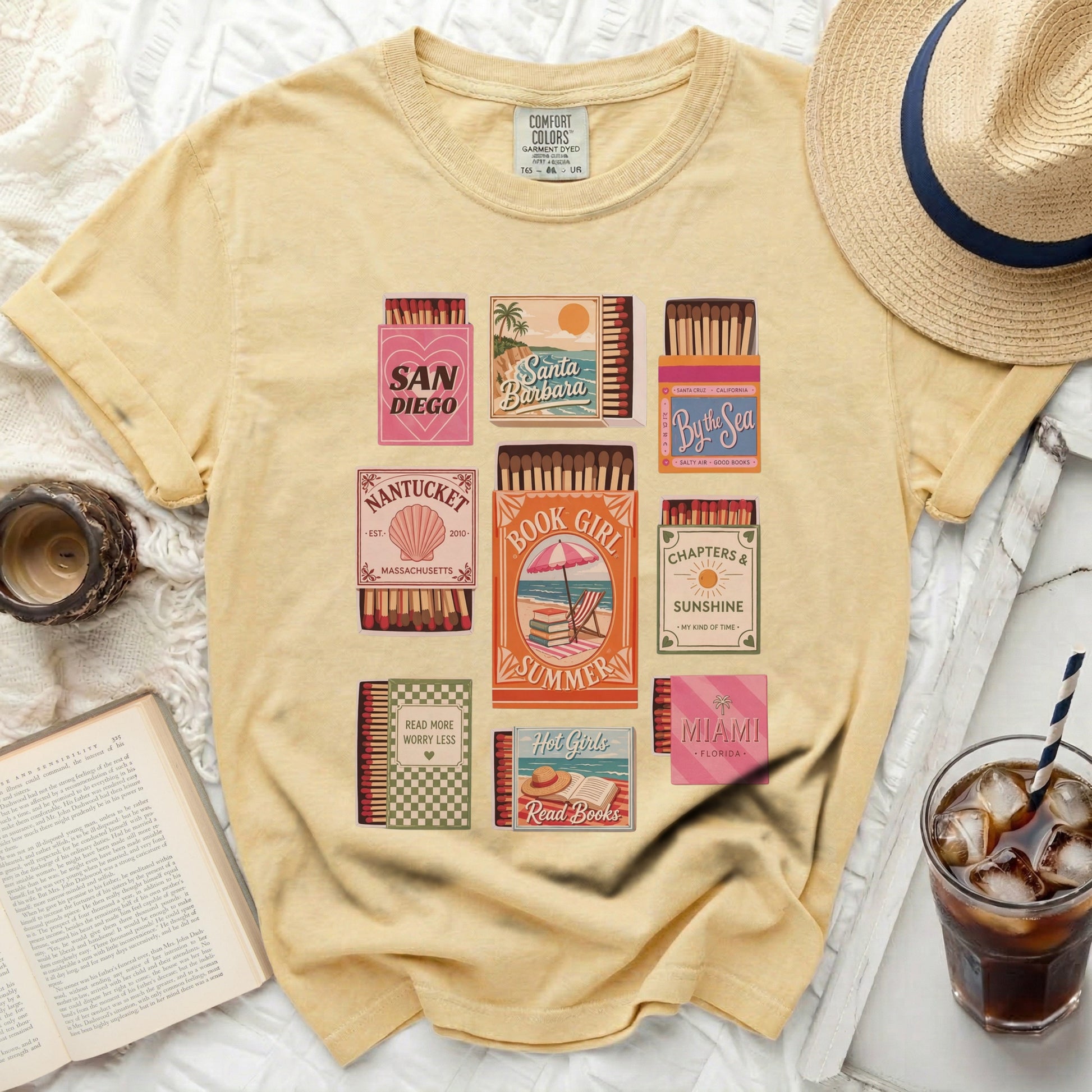 T-shirt with vintage matchbox graphics for San Diego, Nantucket, Santa Barbara, and "Book Girl."