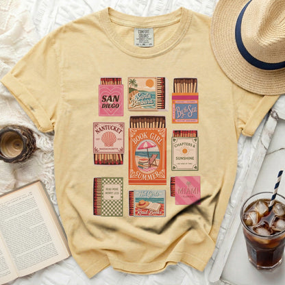 T-shirt with vintage matchbox graphics for San Diego, Nantucket, Santa Barbara, and "Book Girl."