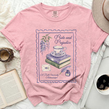 Pink comfort colors t-shirt with Pride and Prejudice stamp graphic.