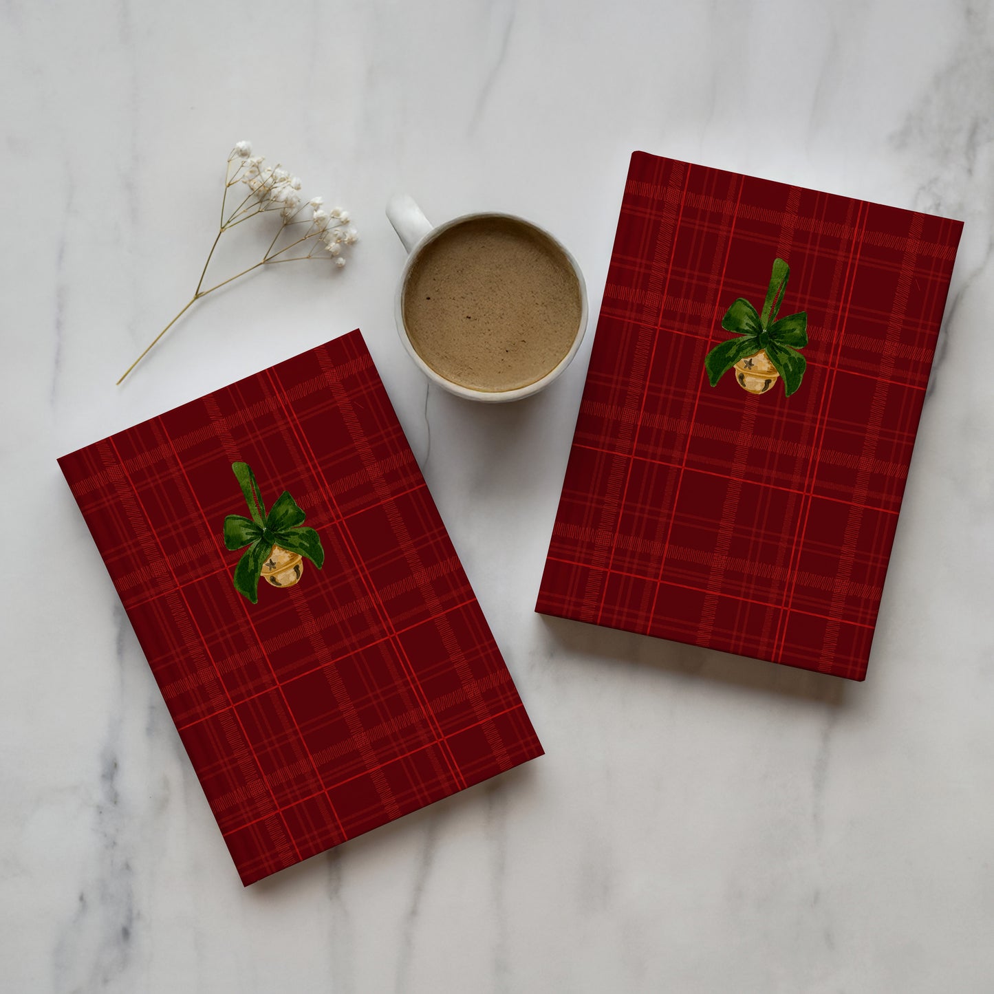 Festive Red Plaid Journal with Bell and Ribbon Design