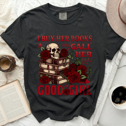 Dark gray t-shirt with skull, books, and roses graphic and text.