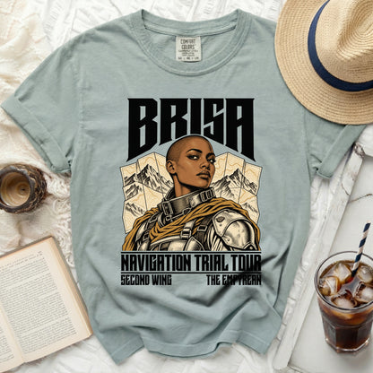 T-shirt with "BRISA" text and illustration of woman with mountains.