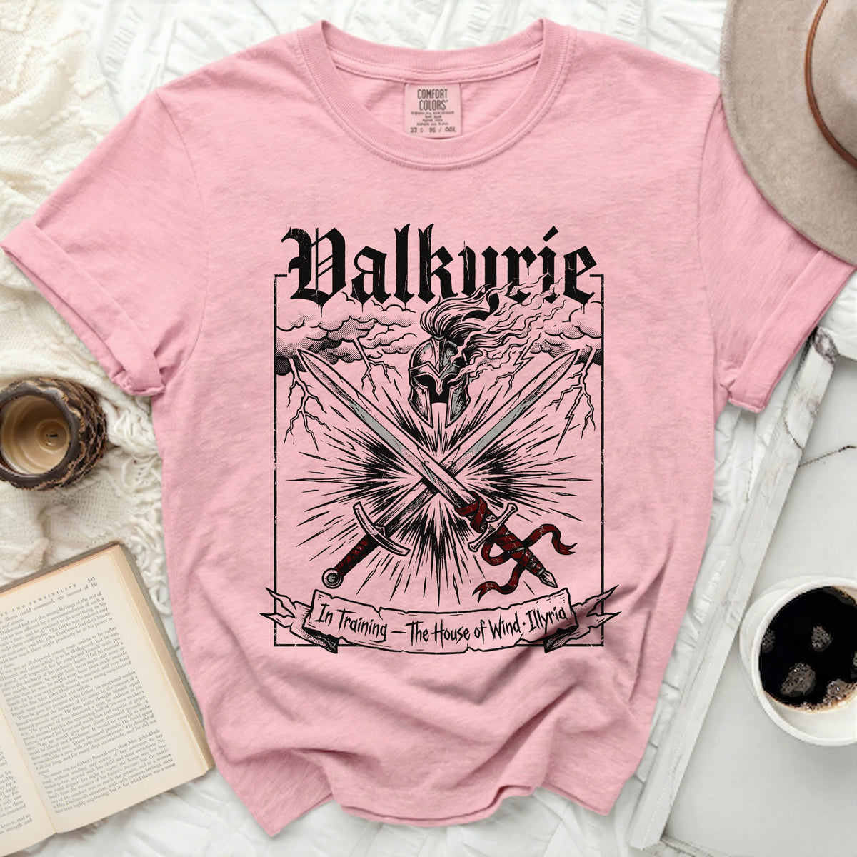 Pink t-shirt with "Valkyrie In Training - The House of Wind - Illyria" graphic.