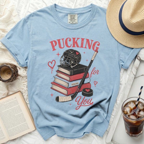 Pucking For You Hockey Romance Tee in Chambray