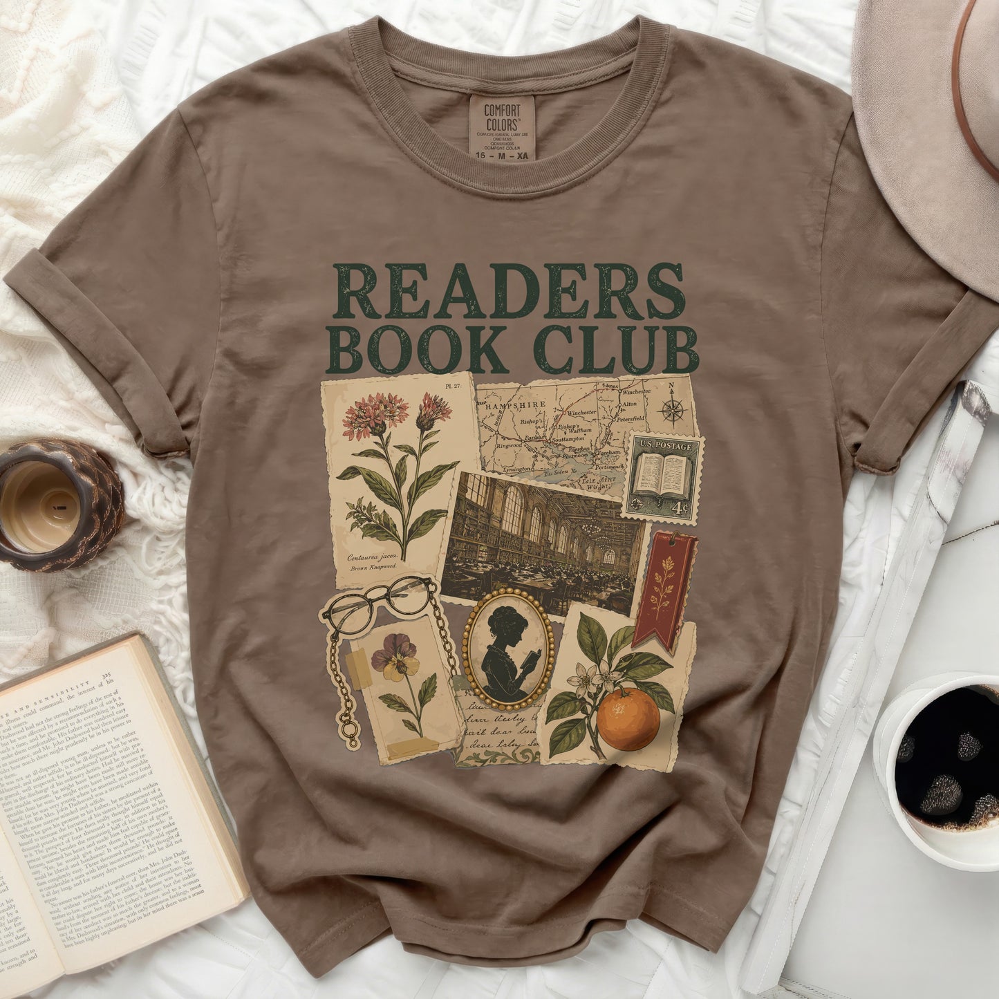 Brown t-shirt with "READERS BOOK CLUB" and vintage illustrations.