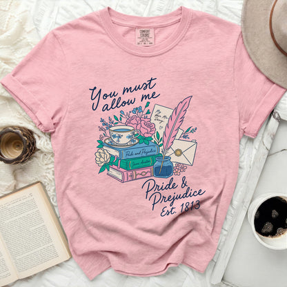 Pink t-shirt with "You must allow me" and Pride & Prejudice details.